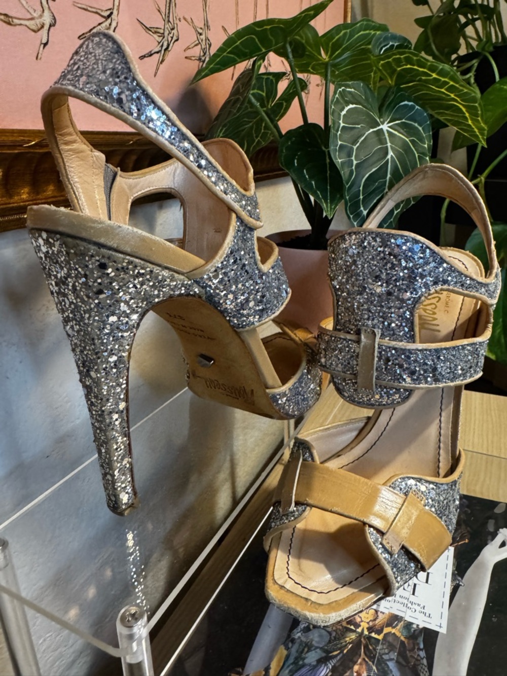 Jerome C Rousseau Glitter Platform Heels Silver Leather Stiletto Sandals Sz 37.5